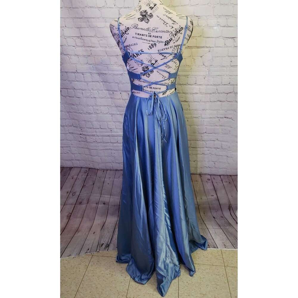 B. Darlin Floor Length Gown Womens 3 Blue Satin Cowlneck Lace-up Back Flattering - Picture 4 of 15